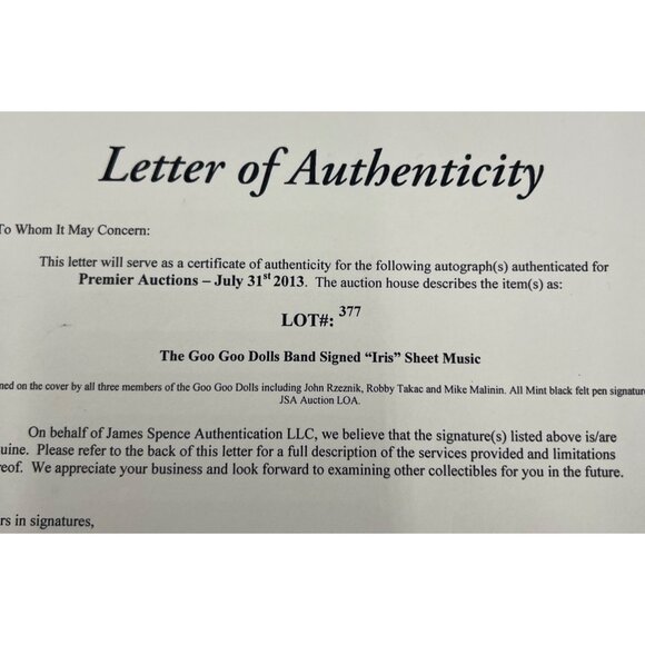 Goo Goo Dolls Signed IRIS Sheet Music JSA COA John Rzeznik Robby Taka Mike - Picture 10 of 10